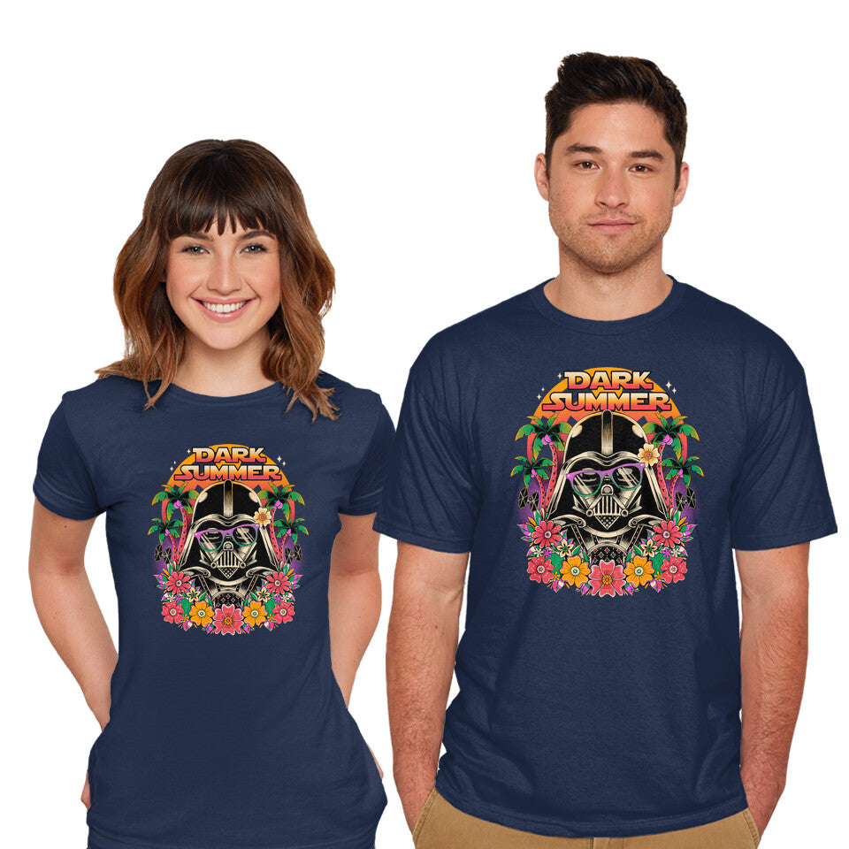 Model wearing navy Dark Summer – Sci-Fi Graphic T-Shirt