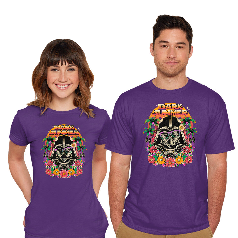 Model wearing purple Dark Summer – Sci-Fi Graphic T-Shirt