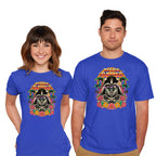 Model wearing royal blue Dark Summer – Sci-Fi Graphic T-Shirt