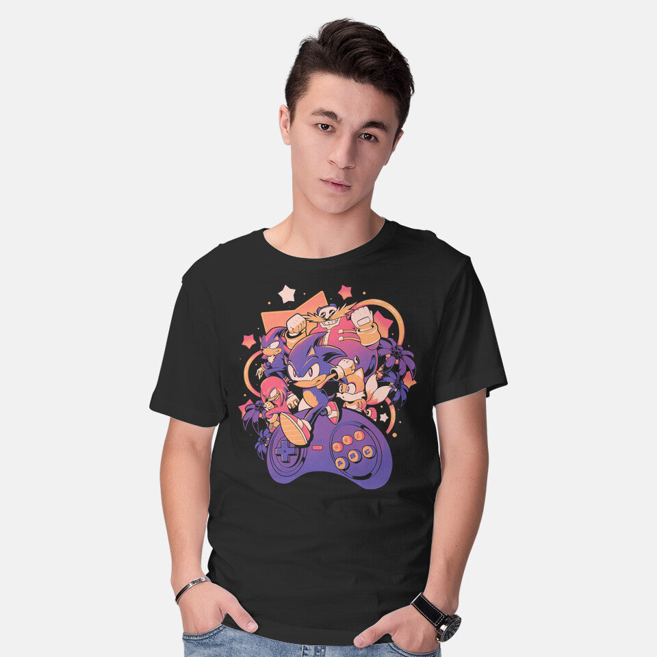 Model wearing black Gotta Play Fast – Gaming Graphic T-Shirt