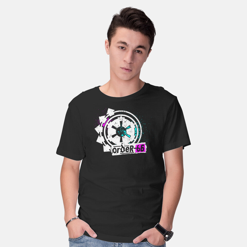 Model wearing black Execute Order 66 – Sci-Fi Graphic T-Shirt