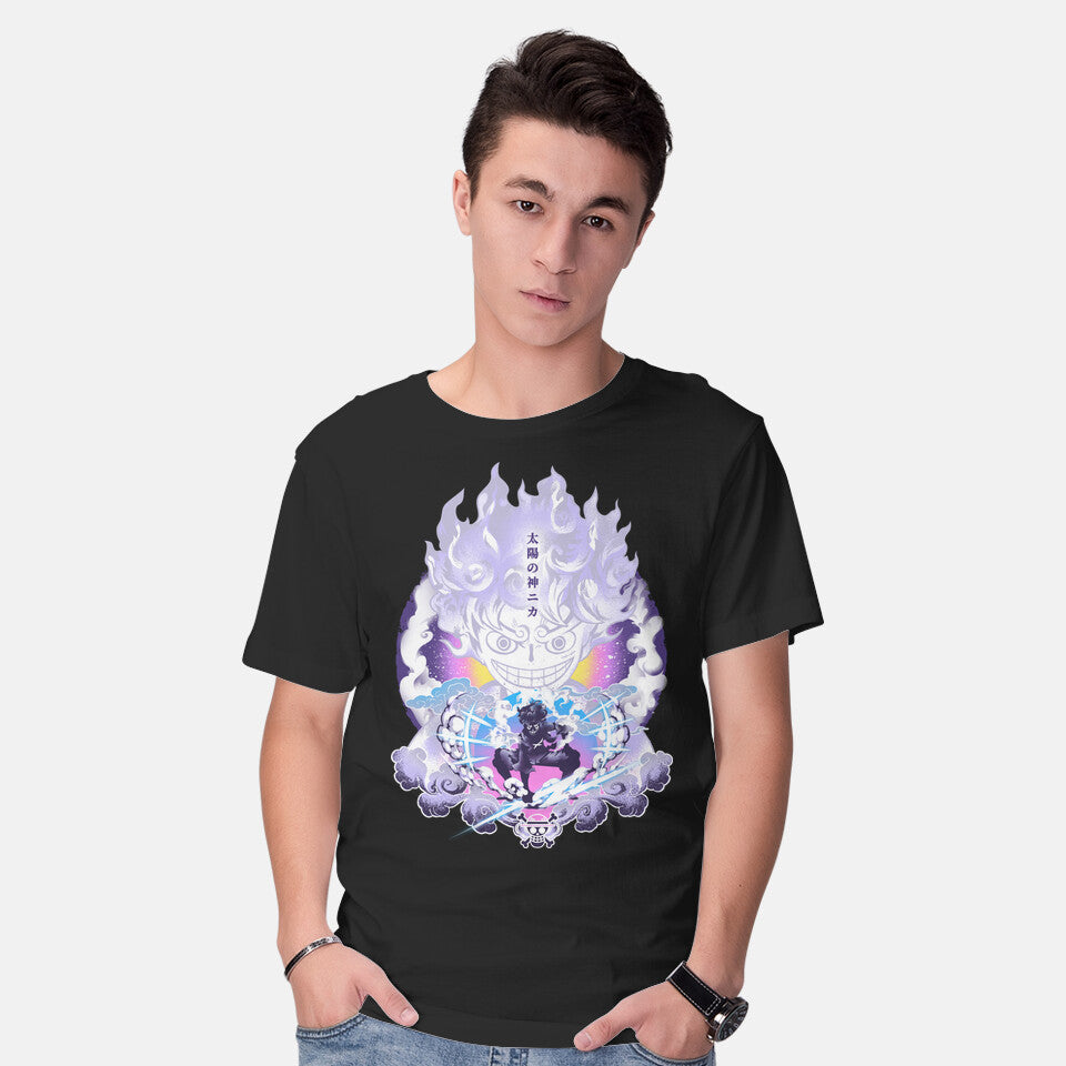 Model wearing black Awakening Gear Five – Anime Graphic T-Shirt