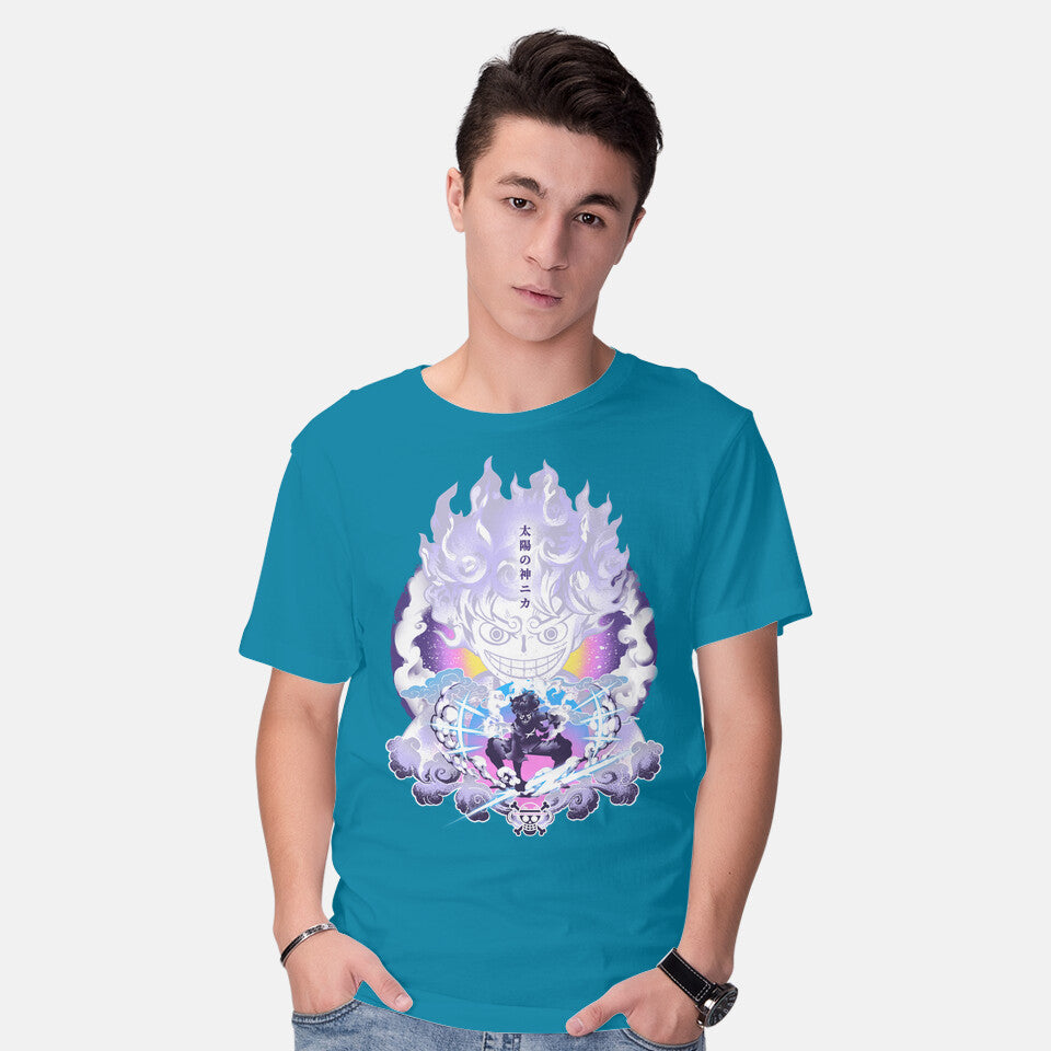 Model wearing turquoise Awakening Gear Five – Anime Graphic T-Shirt