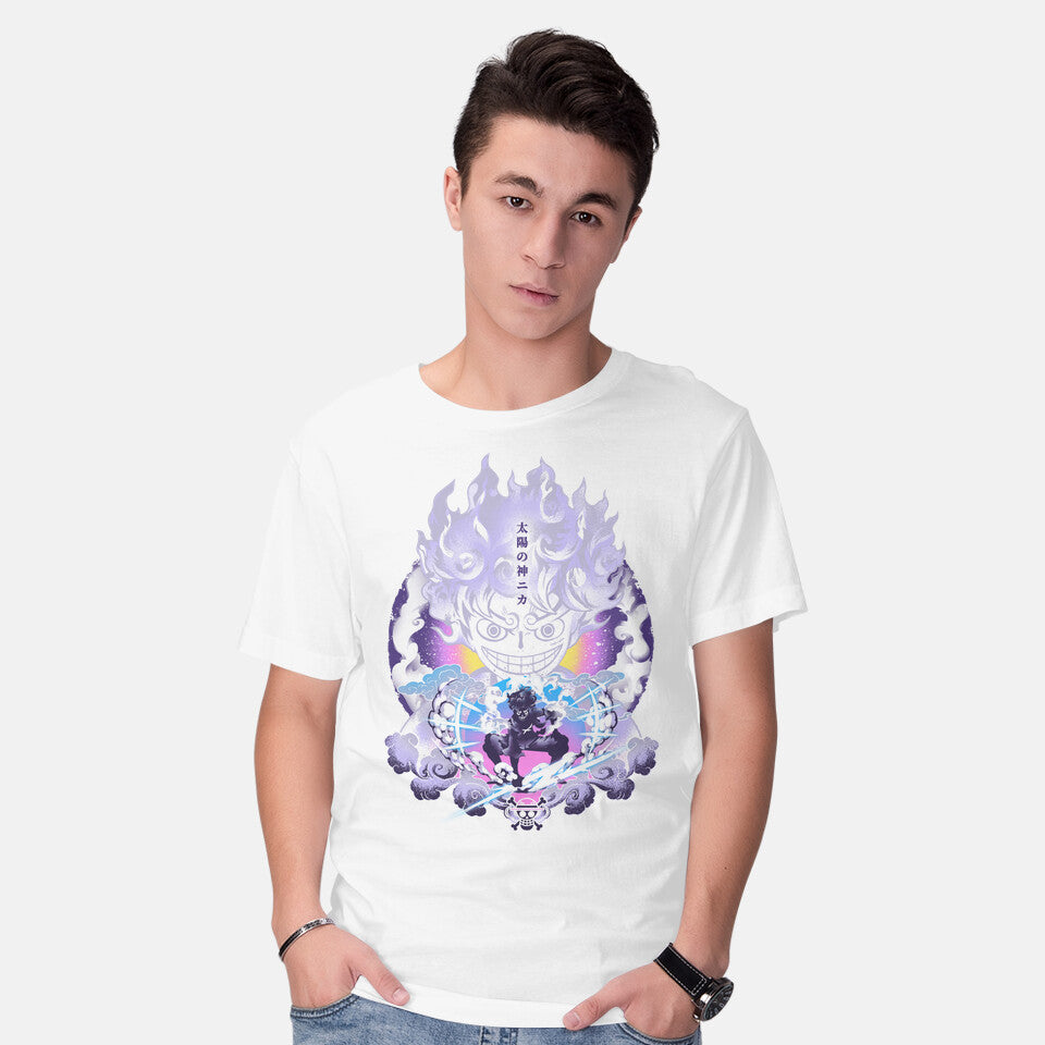 Model wearing white Awakening Gear Five – Anime Graphic T-Shirt