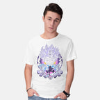 Model wearing white Awakening Gear Five – Anime Graphic T-Shirt