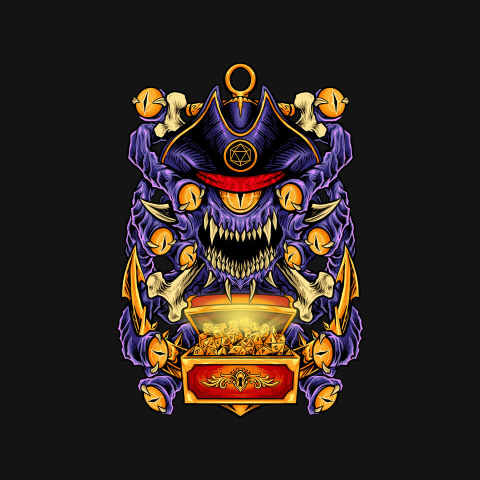 Pirate Beholder – Gaming Graphic T-Shirt design artwork for black graphic T-shirt