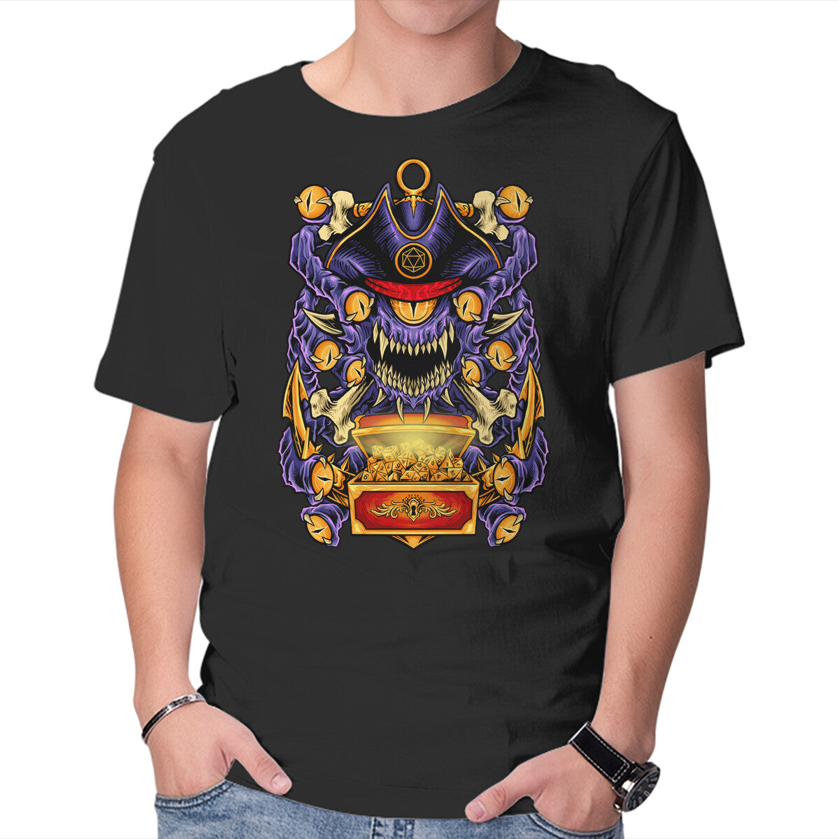 Pirate Beholder – Gaming Graphic T-Shirt in black, product display
