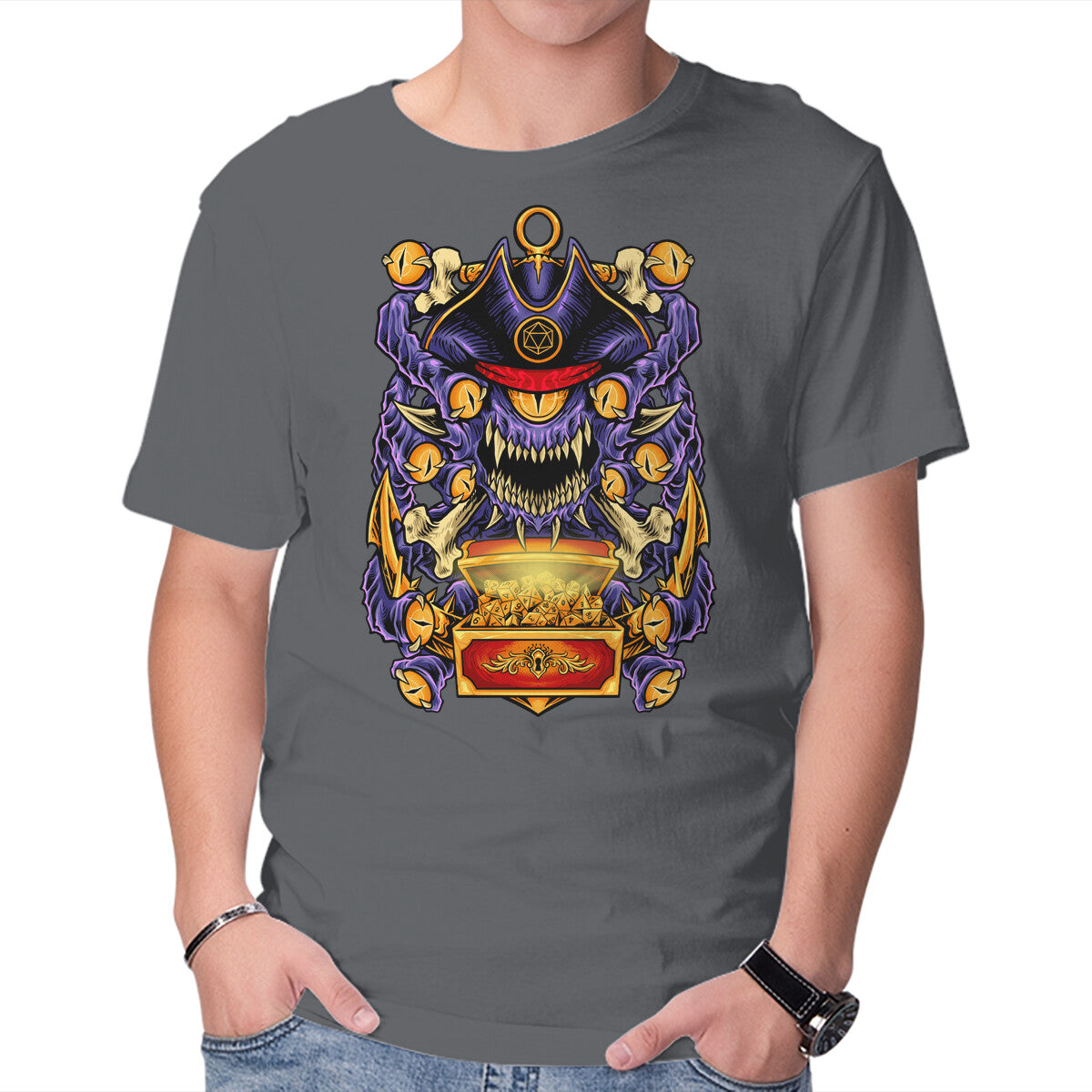 Pirate Beholder – Gaming Graphic T-Shirt in charcoal, product display