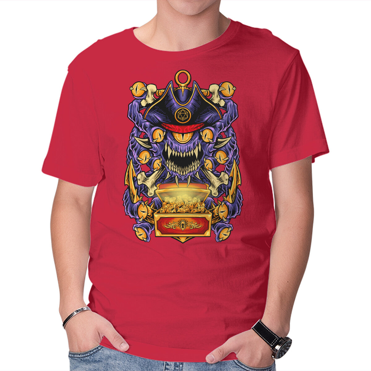 Pirate Beholder – Gaming Graphic T-Shirt in red, product display