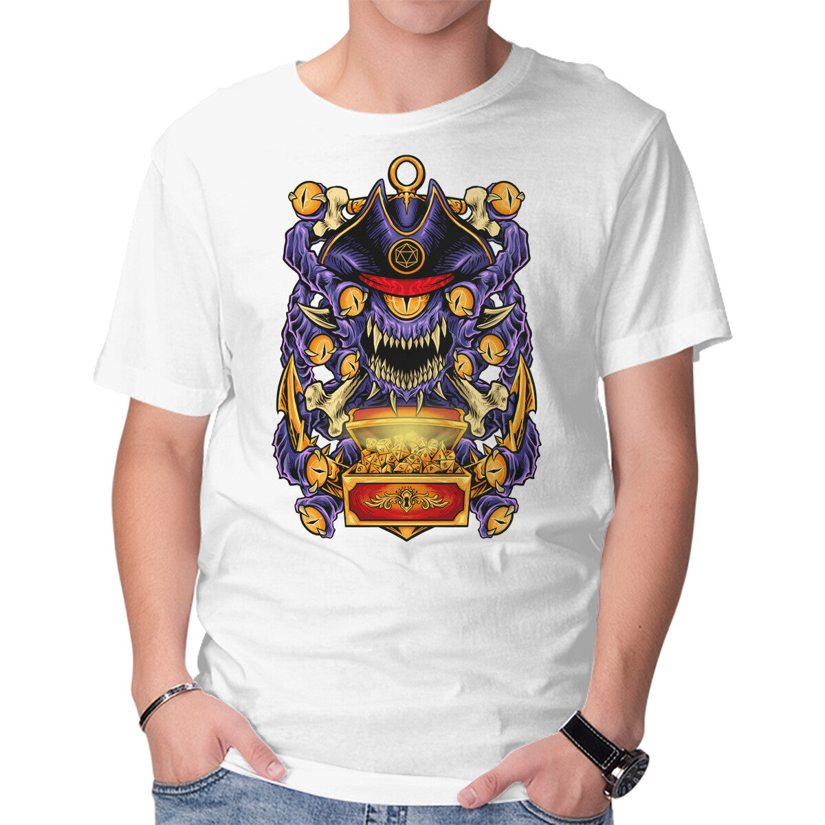 Pirate Beholder – Gaming Graphic T-Shirt in white, product display