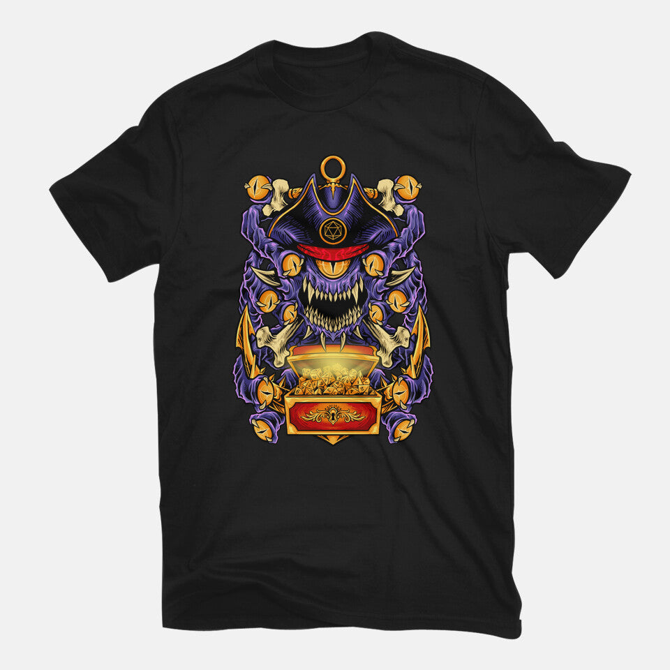 Pirate Beholder – Gaming Graphic T-Shirt in black, flat-lay product view