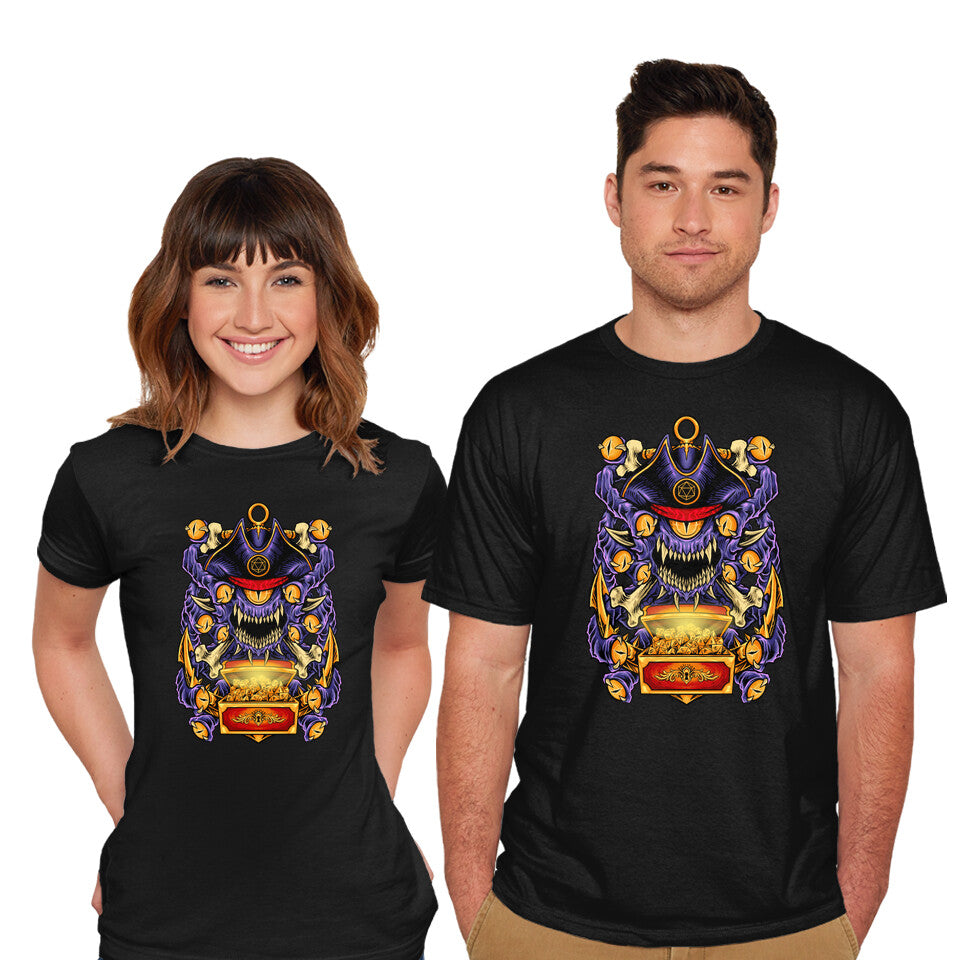 Model wearing black Pirate Beholder – Gaming Graphic T-Shirt