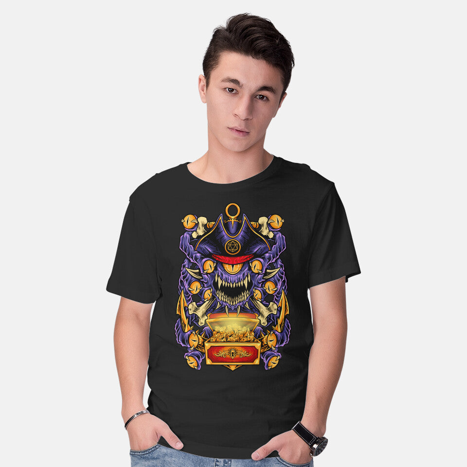 Model wearing black Pirate Beholder – Gaming Graphic T-Shirt