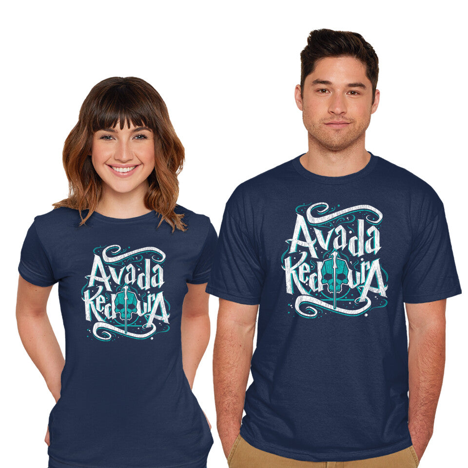 Model wearing navy Avada Kedavra – Fantasy Graphic T-Shirt