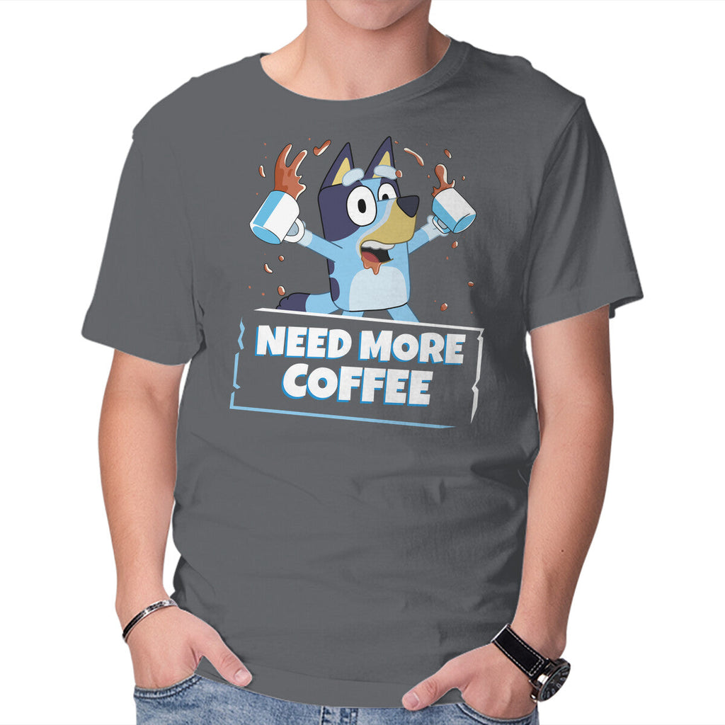 Bluey Needs More Coffee – Dog Graphic T-Shirt in charcoal, product display
