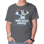 Bluey Needs More Coffee – Dog Graphic T-Shirt in charcoal, product display