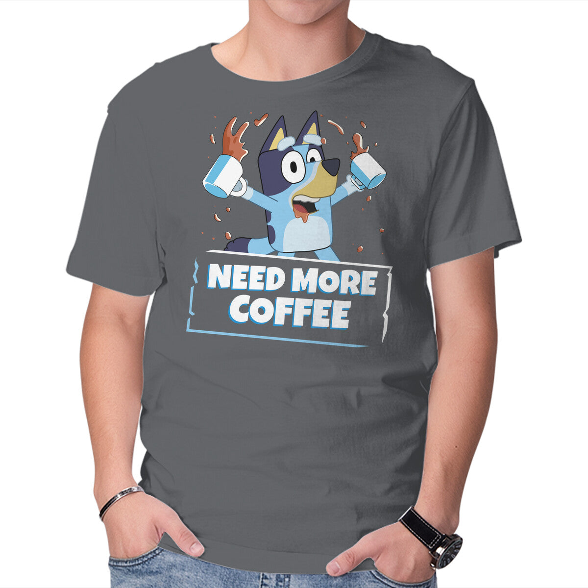 Bluey Needs More Coffee – Dog Graphic T-Shirt in charcoal, product display