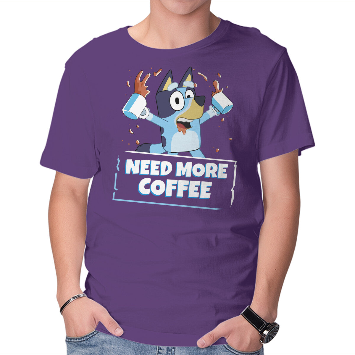 Bluey Needs More Coffee – Dog Graphic T-Shirt in purple, product display