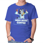 Bluey Needs More Coffee – Dog Graphic T-Shirt in royal blue, product display