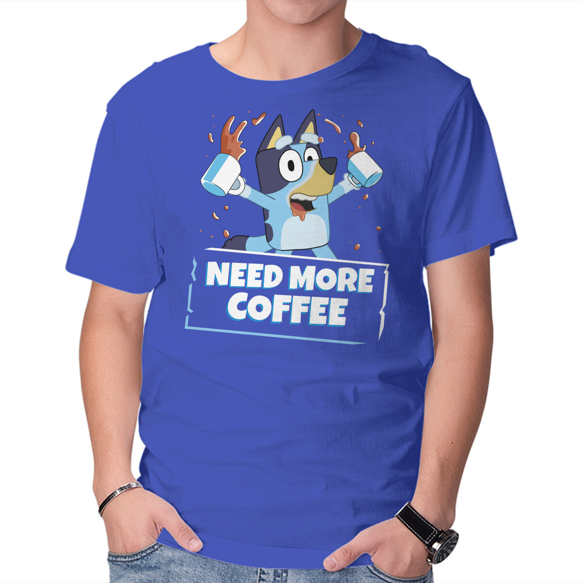 Bluey Needs More Coffee – Dog Graphic T-Shirt in royal blue, product display