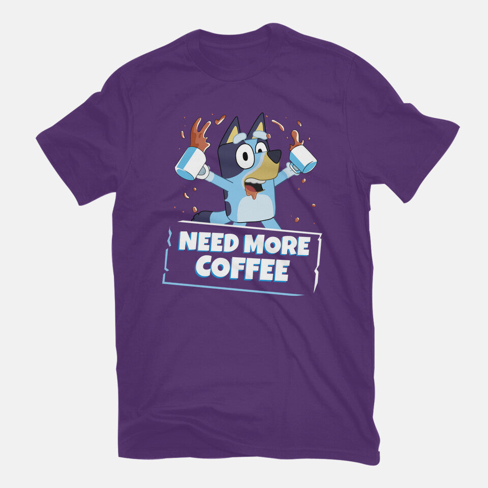 Bluey Needs More Coffee – Dog Graphic T-Shirt in purple, flat-lay product view