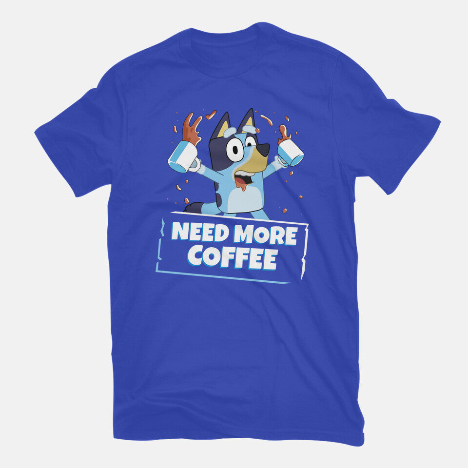 Bluey Needs More Coffee – Dog Graphic T-Shirt in royal blue, flat-lay product view