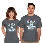 Model wearing charcoal Bluey Needs More Coffee – Dog Graphic T-Shirt