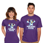 Model wearing purple Bluey Needs More Coffee – Dog Graphic T-Shirt
