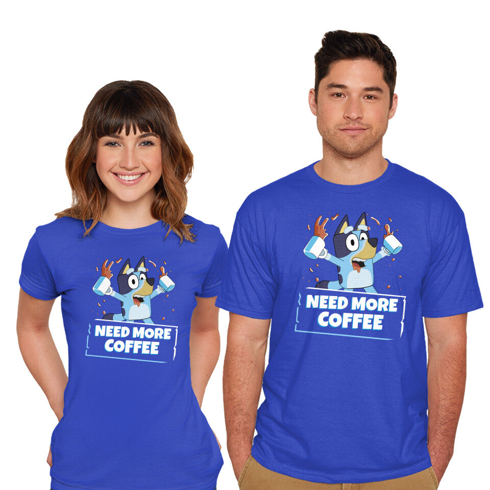 Model wearing royal blue Bluey Needs More Coffee – Dog Graphic T-Shirt