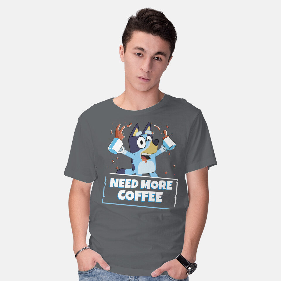 Model wearing charcoal Bluey Needs More Coffee – Dog Graphic T-Shirt