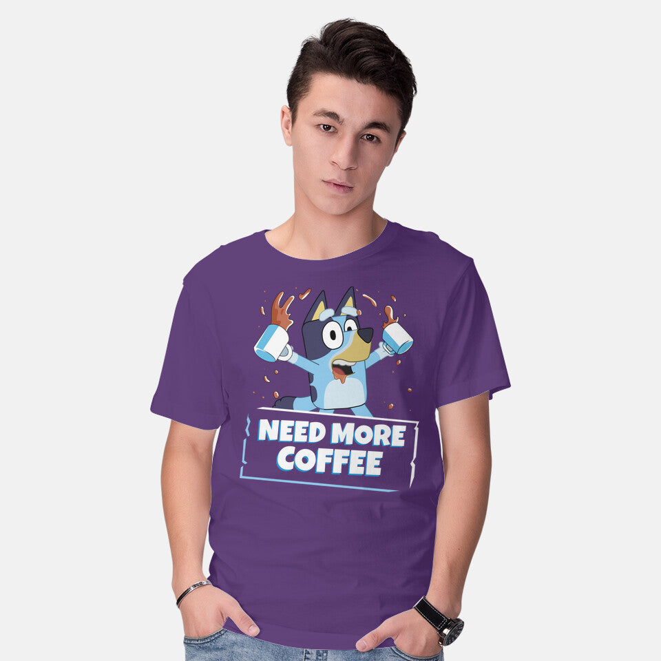 Model wearing purple Bluey Needs More Coffee – Dog Graphic T-Shirt
