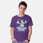 Model wearing purple Bluey Needs More Coffee – Dog Graphic T-Shirt