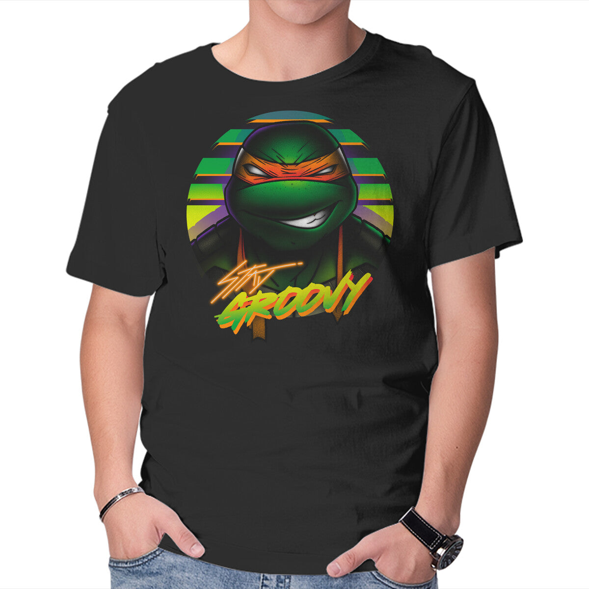 Stay Groovy Turtle – Retro Graphic T-Shirt in black, product display