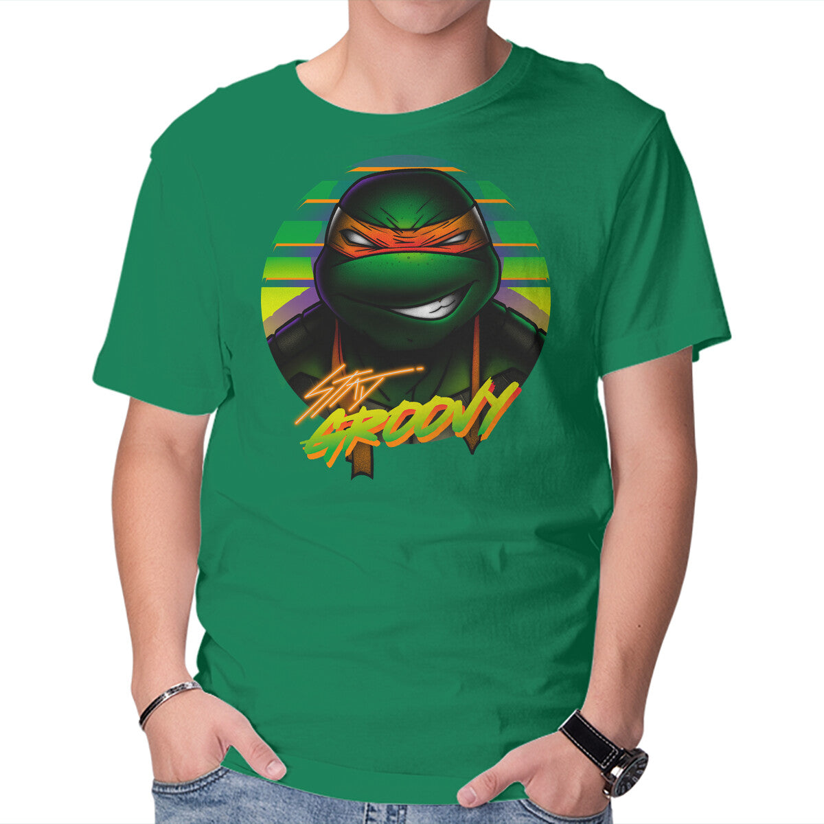 Stay Groovy Turtle – Retro Graphic T-Shirt in green, product display