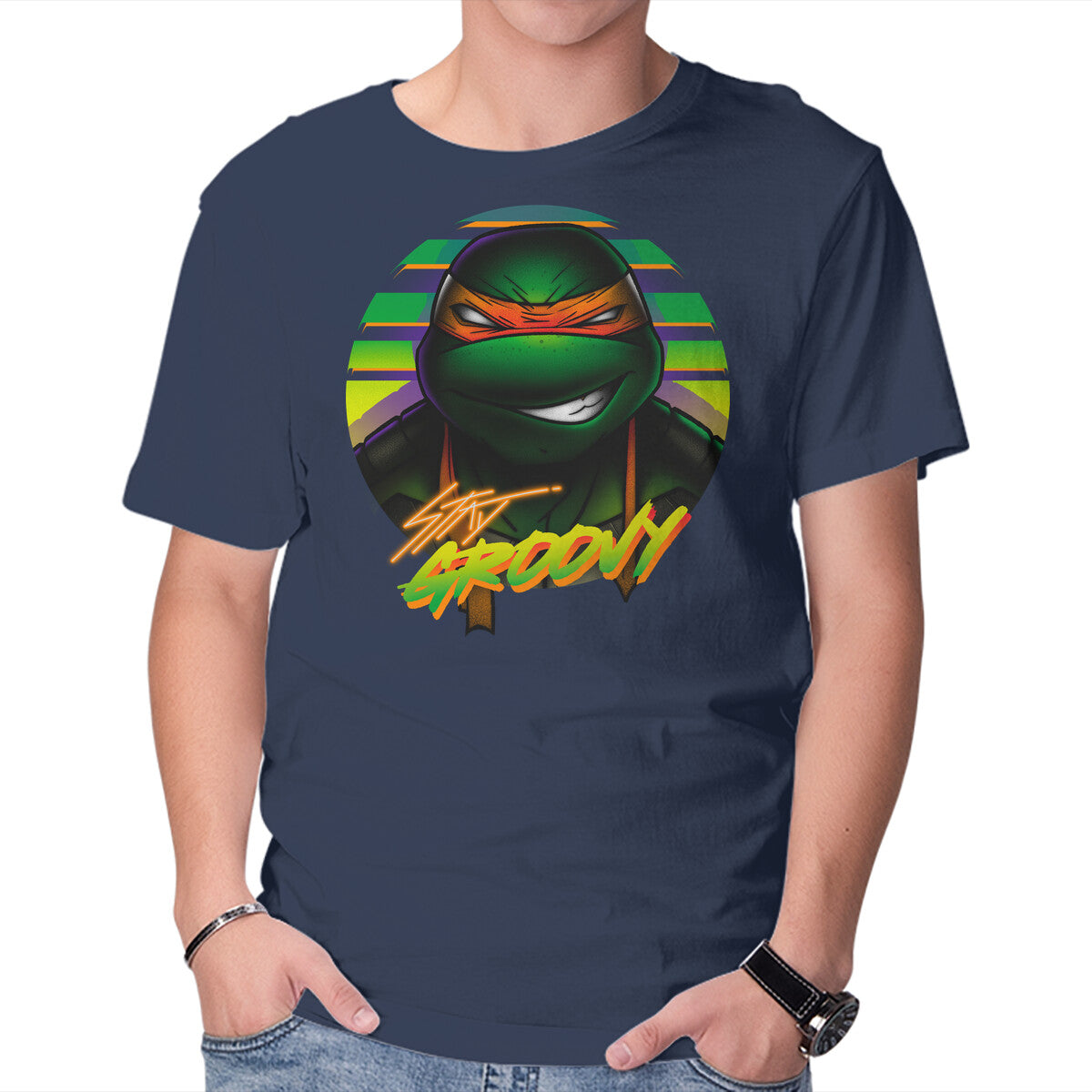 Stay Groovy Turtle – Retro Graphic T-Shirt in navy, product display