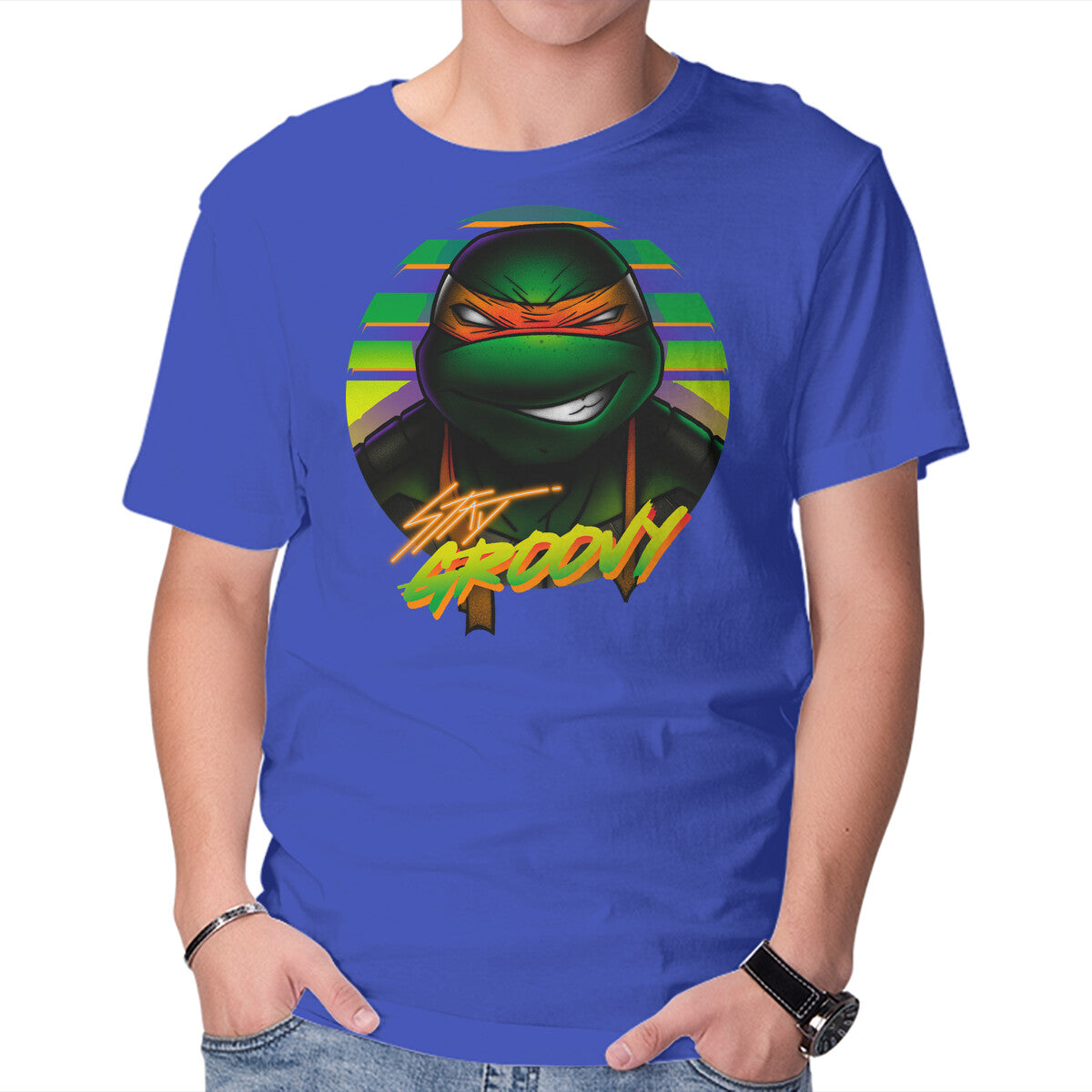 Stay Groovy Turtle – Retro Graphic T-Shirt in royal blue, product display