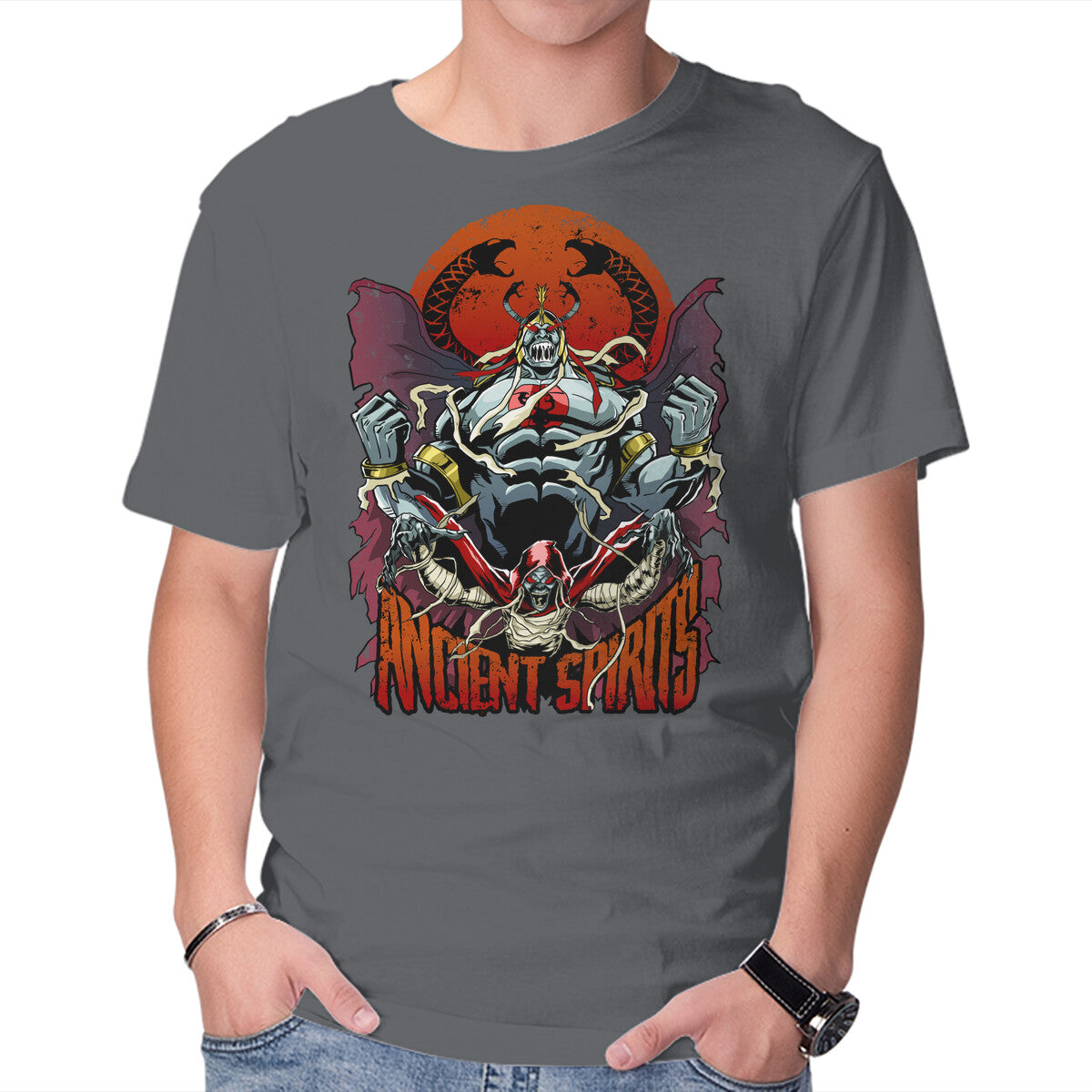 Ancient Spirits – Cat Graphic T-Shirt in charcoal, product display