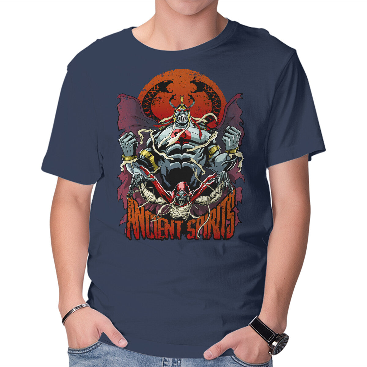 Ancient Spirits – Cat Graphic T-Shirt in navy, product display