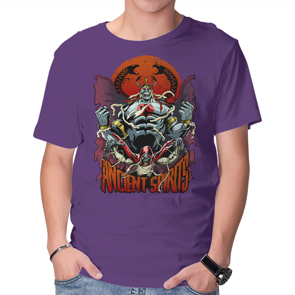 Ancient Spirits – Cat Graphic T-Shirt in purple, product display