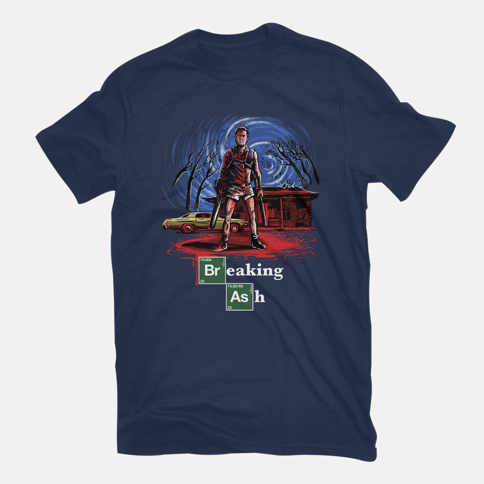 Breaking Ash – Horror Graphic T-Shirt in navy, flat-lay product view