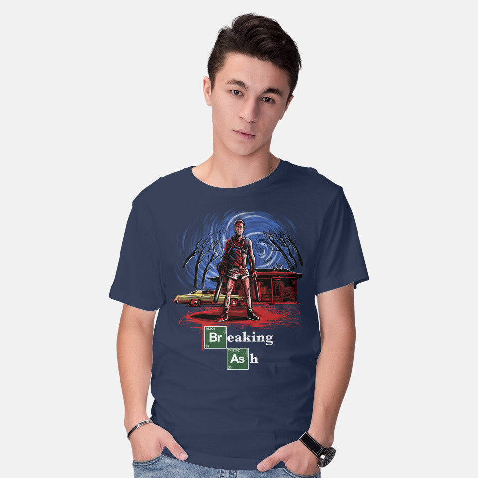 Model wearing navy Breaking Ash – Horror Graphic T-Shirt
