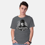 Model wearing charcoal Antisocial Doll – Movie Graphic T-Shirt