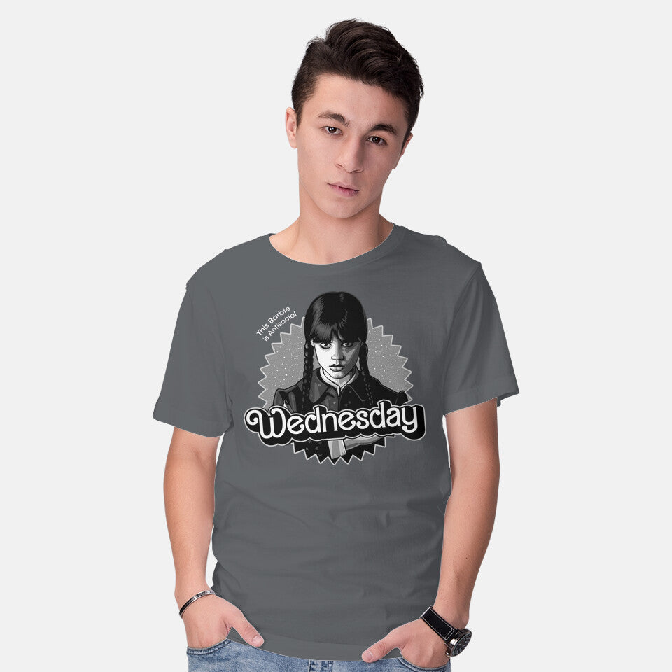 Model wearing charcoal Antisocial Doll – Movie Graphic T-Shirt