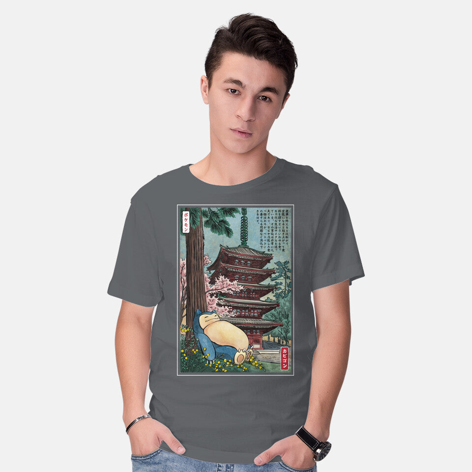 Model wearing charcoal Taking A Nap In Japan – Anime Graphic T-Shirt