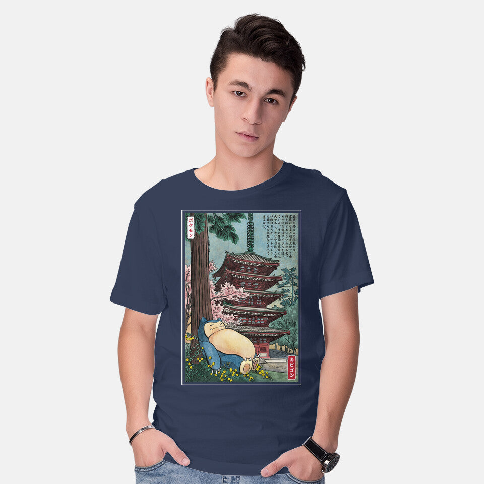 Model wearing navy Taking A Nap In Japan – Anime Graphic T-Shirt