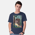 Model wearing navy Taking A Nap In Japan – Anime Graphic T-Shirt