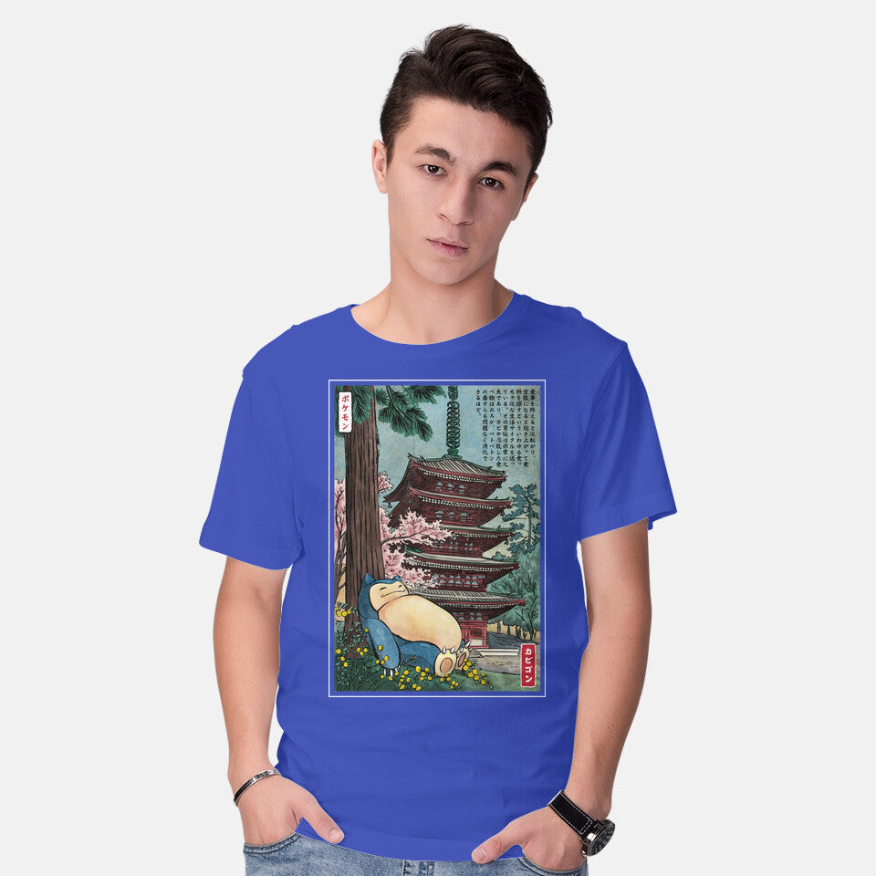 Model wearing royal blue Taking A Nap In Japan – Anime Graphic T-Shirt