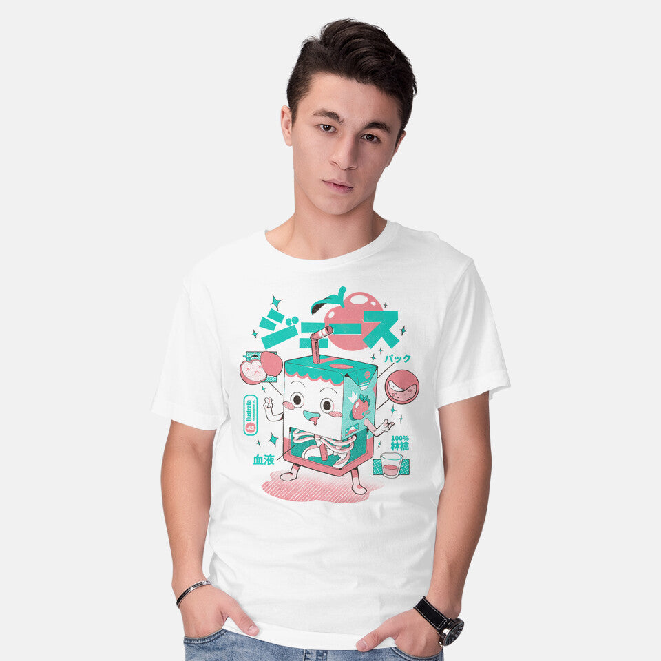 Model wearing white Ringo Juice Anatomy – Retro Graphic T-Shirt