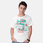 Model wearing white Ringo Juice Anatomy – Retro Graphic T-Shirt