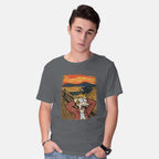 Model wearing charcoal Wrong Time – Sci-Fi Graphic T-Shirt